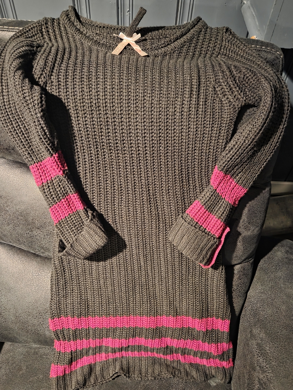 Women’s Dark Gray Knit Sweater Dress with Pink Stripe Accents